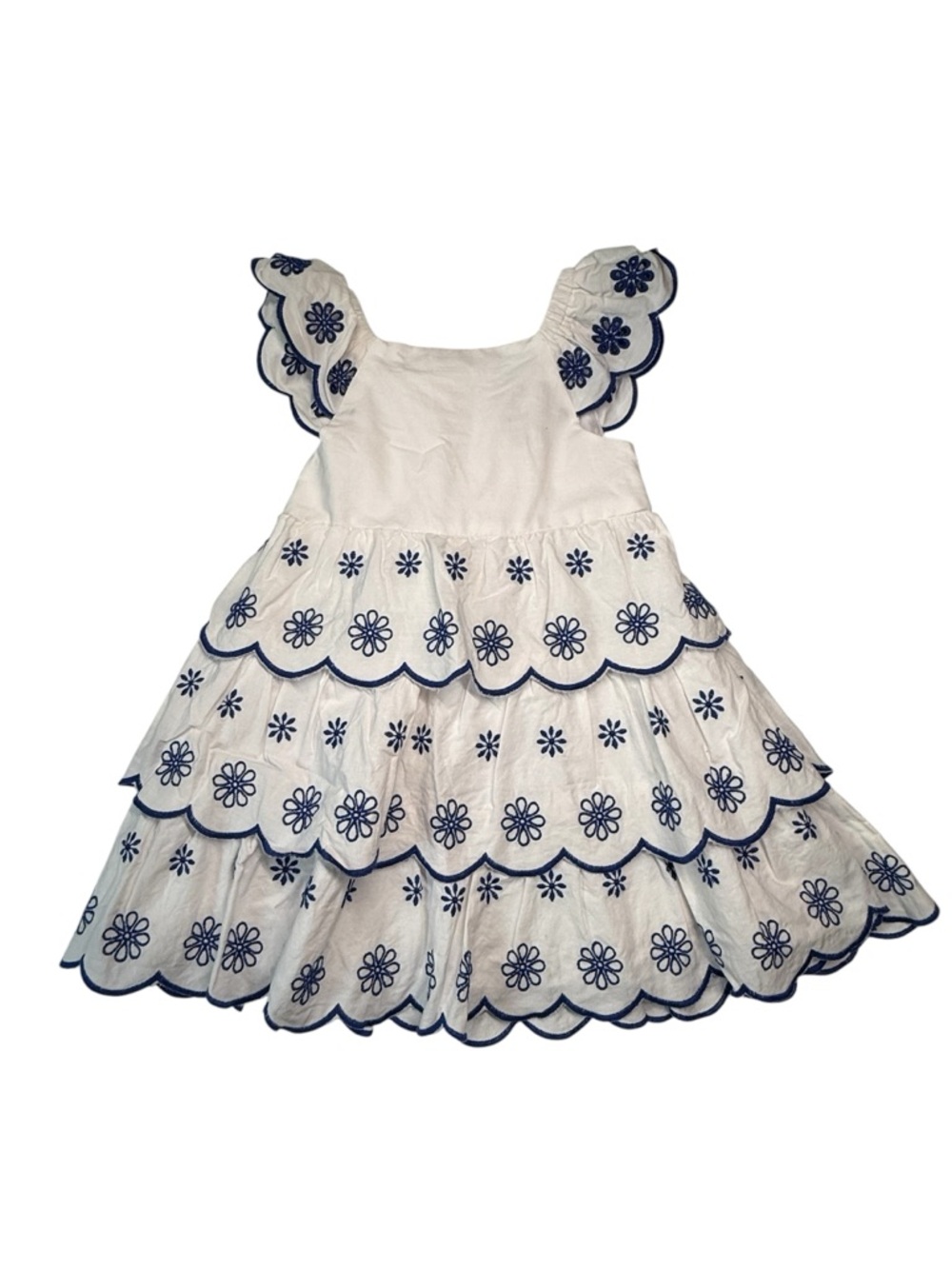 Counting Daisies White Tiered Eyelet Dress Navy Floral Embroidery Size 3T
